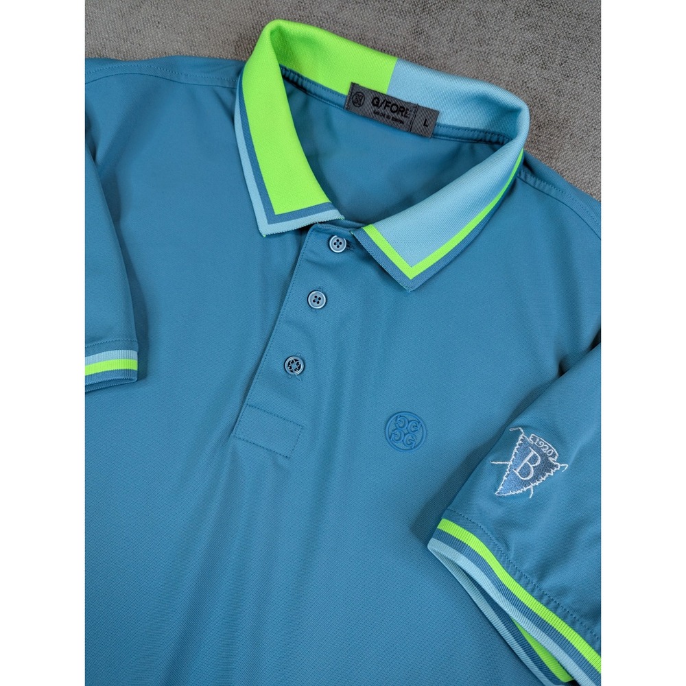 G/FORE Polo Shirt Mens L Blue Green Striped Collar Short Sleeve Golf Performance
